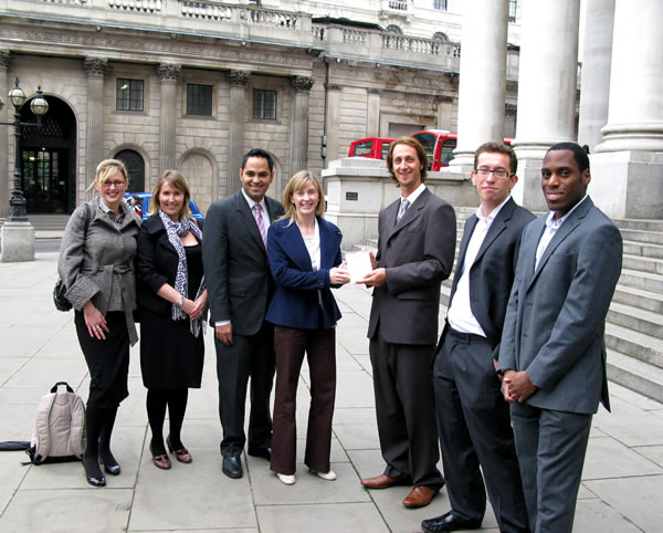 From right to left: Anthony Takyi of CMS Cameron McKenna, Seb Donovan - Director of Top Employers, Luke Bell – Intern of the Year 2009, Rosey Village - of the Bank of England, Saleem Arif - Director of Top Employers, Caroline Edwards and Miriam Beastall of Lloyds TSB