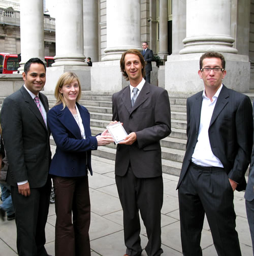 From right to left: Seb Donovan - Director of Top Employers, Luke Bell - Intern of the Year 2009, Rosey Village of the Bank of England, Saleem Arif - Director of Top Employers 